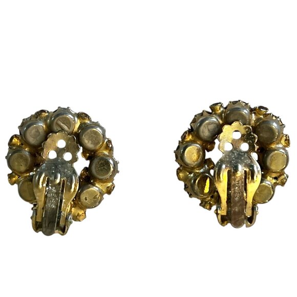 Weiss Rhinestone Clip-On Earrings Circular Gold Tone Amber Color & Clear VTG - Picture 8 of 8